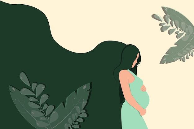 Une belle femme enceinte étreint son ventre de femme enceinte sur fond de plantes et de fleursBannière moderne sur la grossesse et la maternité