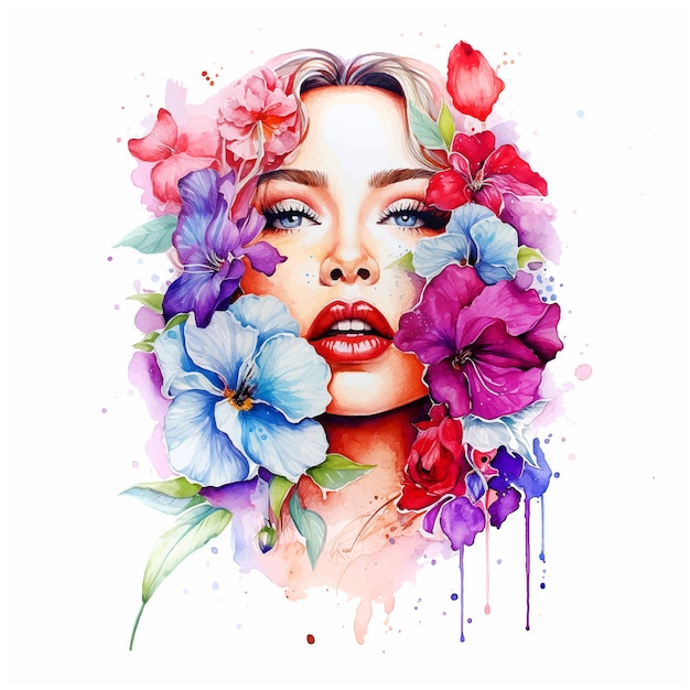 Vecteur belle femme entourée de fleurs aquarelle