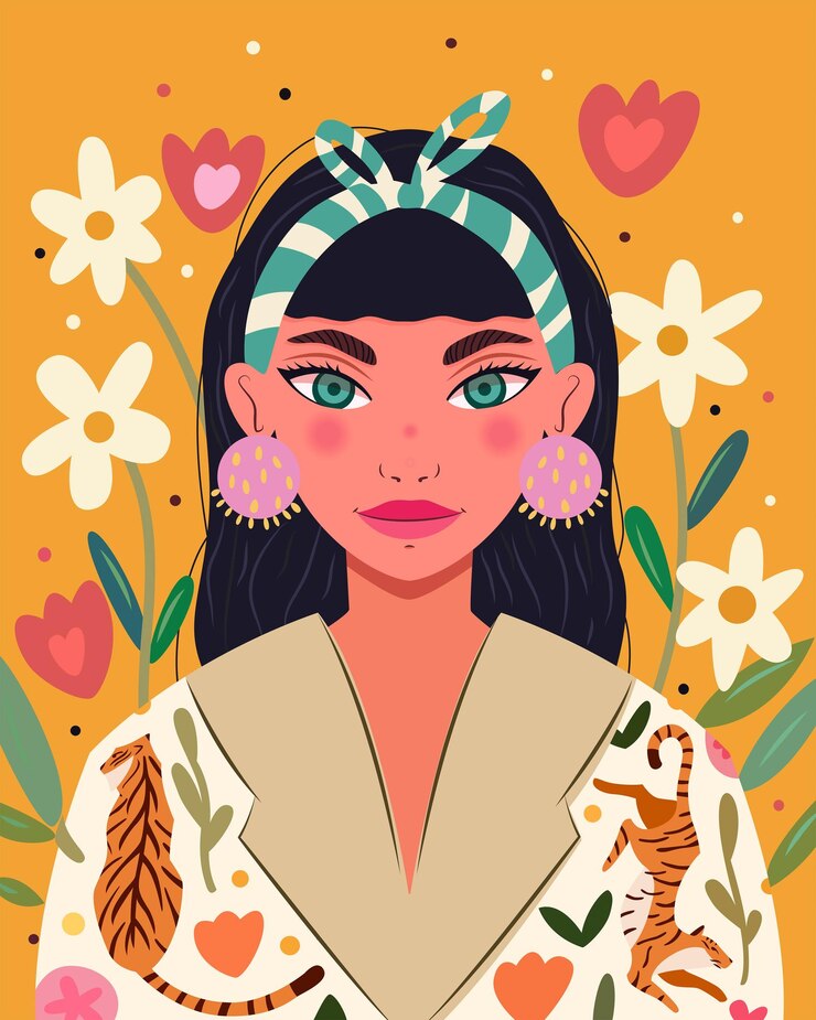 Belle femme sur fond jaune vibrant avec des éléments floraux et veste de tigre Illustration vectorielle colorée dessinée à la main