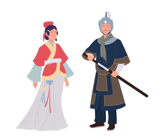 Belle femme geisha ou impératrice et ancien guerrier chinois homme militaire personnages de dessins animés