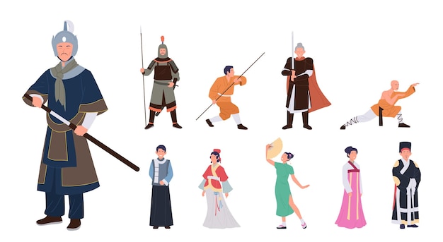 Belle femme geisha ou impératrice et ancien guerrier chinois homme militaire personnages de dessins animés