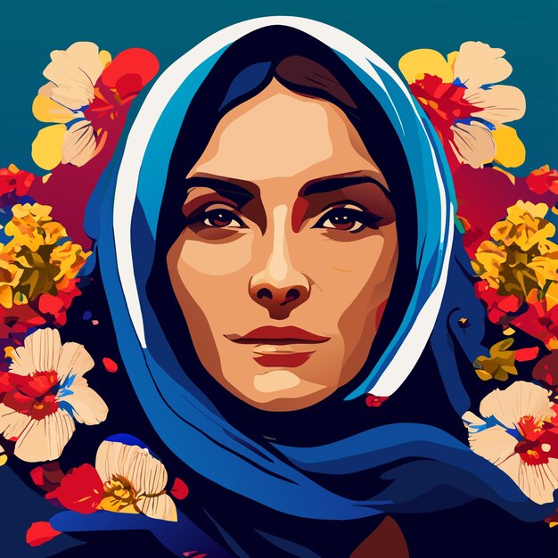Vecteur belle femme iranienne portant un hijab avec un regard fier des manifestations pour la liberté des femmes dessinées à la main