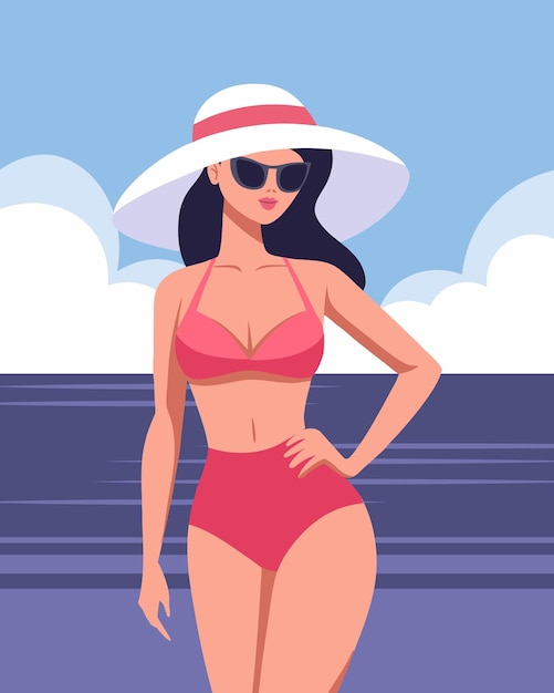 Belle femme en maillot de bain et chapeau sur la plage Vacances d'été et concept de voyage