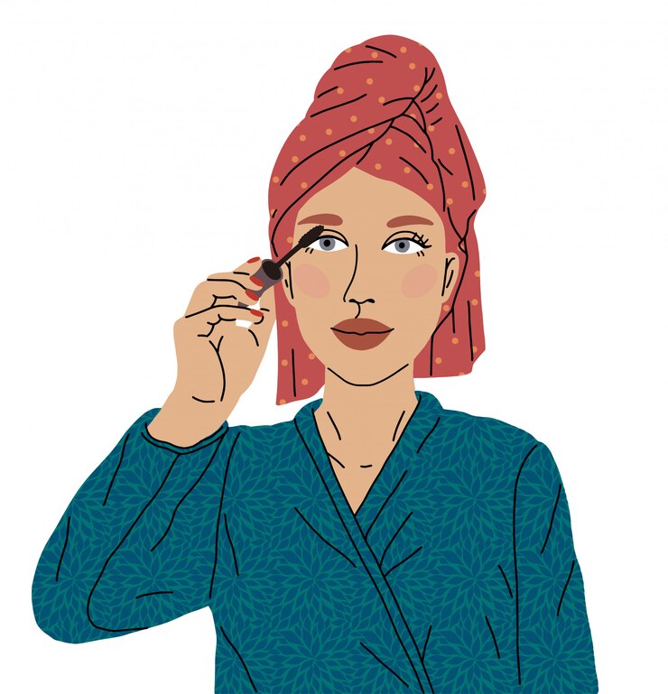 Vecteur une belle femme mascara à l'encre pour les yeux est sortie de la douche avec une serviette sur la tête et un peignoir doux. concept de prendre soin de votre corps et de votre image. amour pour vous-même, maquillage, blogueuse maquillage.