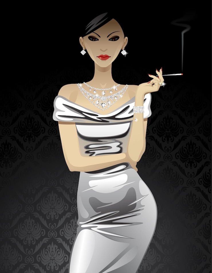 Vecteur belle femme de mode en robe de soirée métallique avec des bijoux en diamant et une cigarette sur fond noir
