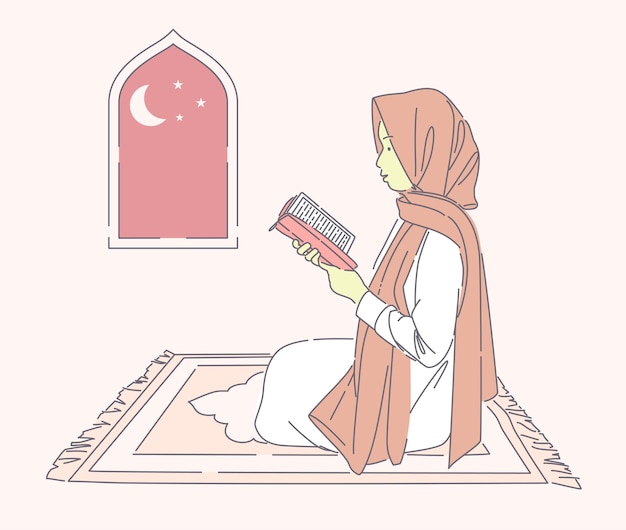 belle femme musulmane lecture sainte sur le tapis de prière vector illustration dessinée à la main fille heureuse portant le hijab priant la nuit