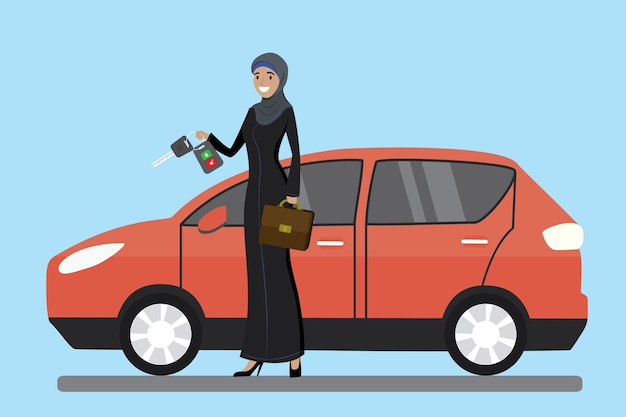 Vecteur belle femme musulmane en vêtements traditionnels tenant la clé de la voiture