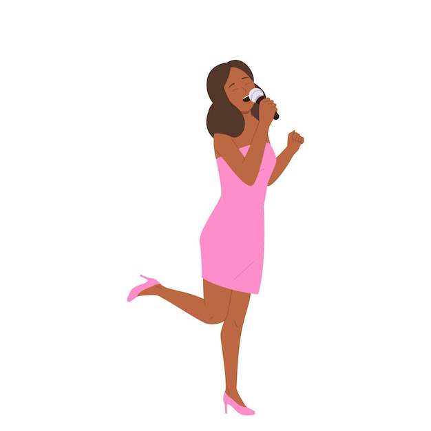 Belle Femme Personnage De Dessin Animé En Robe élégante Chantant Dans Un Microphone Illustration Vectorielle Isolée Sur Blanc Artiste Féminine Jolie Soliste Participant à Un événement De Fête De Karaoké Avec Une Chanson Lyrique