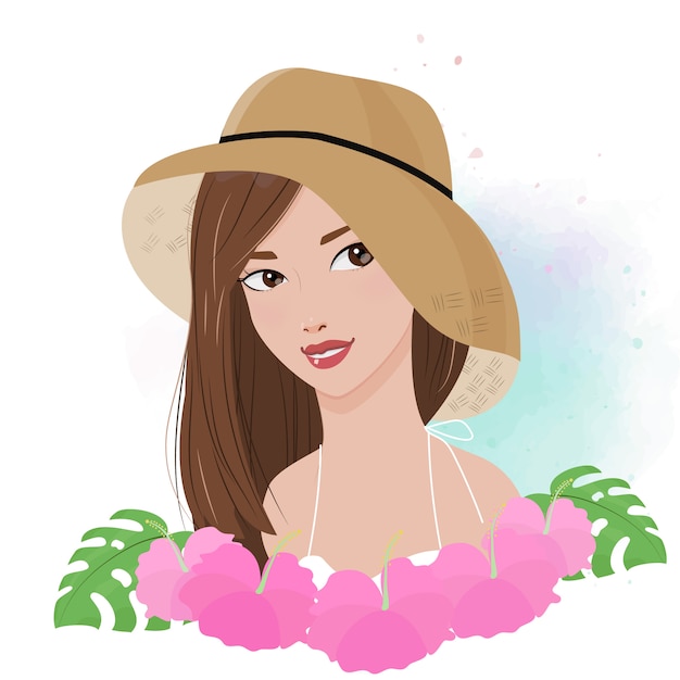 Vecteur belle femme porter portrait de chapeau de soleil avec fleur d'hibiscus rose sur illustration de mode été aquarelle