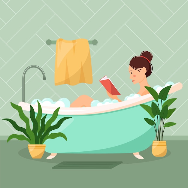 Belle Femme Prend Une Salle De Bain Et Lit Un Livre, Illustration Vectorielle