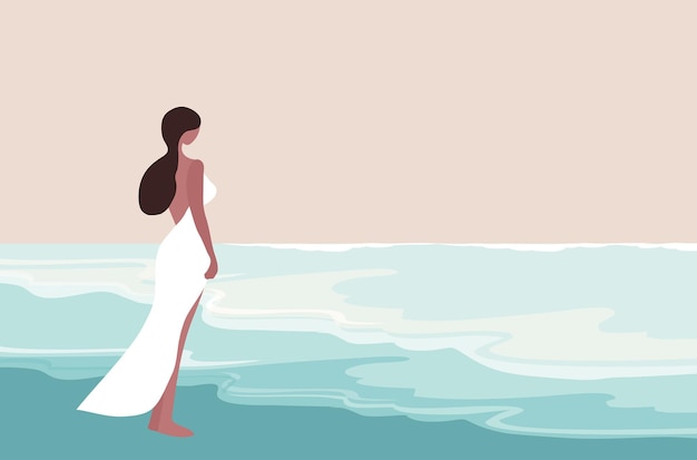 Vecteur belle femme en robe blanche sur la plage illustration vectorielle plage d'été et solitude