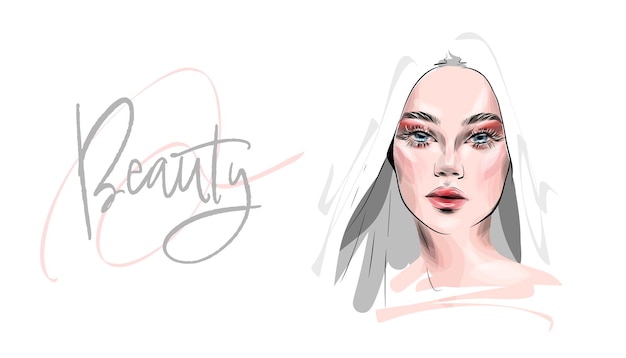 Vecteur belle femme visage maquillage vector illustration de mode. croquis d'art au trait dessiné à la main pour cosmétique