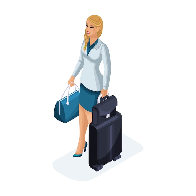 d'une belle femme en voyage d'affaires, debout avec ses bagages. Un beau costume d'affaires. Femme d'affaires itinérante. illustration