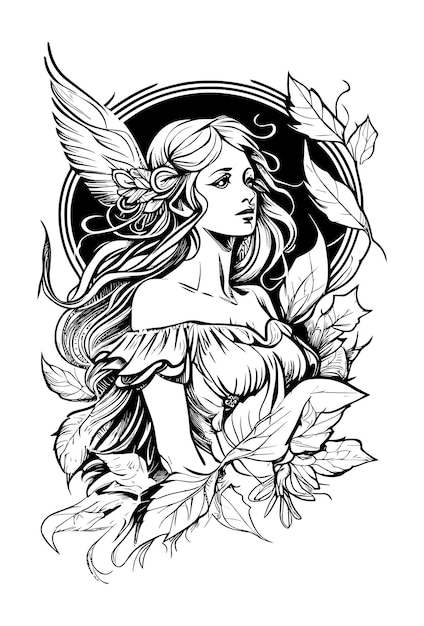 belle feuille d'ange et ailes ornement illustration dessinée à la main