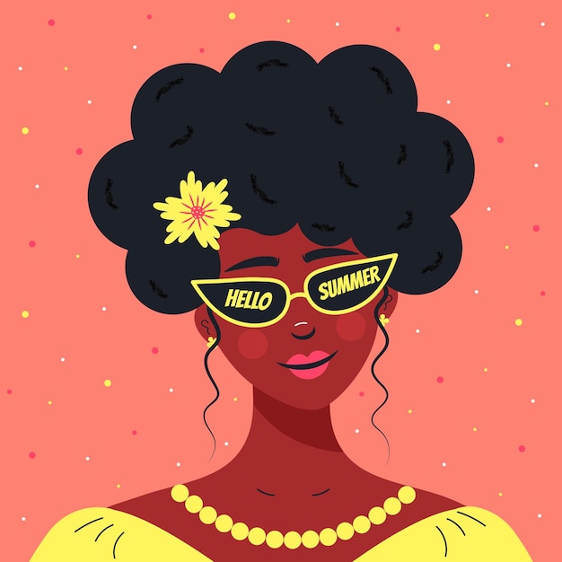 Vecteur belle fille africaine avec des lunettes de soleil bonjour citation d'été dans les verres