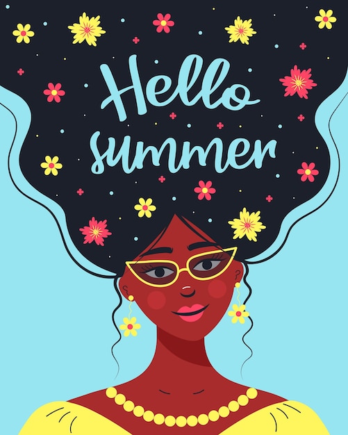 Belle Fille Africaine Avec Des Lunettes De Soleil Bonjour Citation D Ete Et Des Fleurs Dans Les Cheveux Portrait Colore Vecteur Premium
