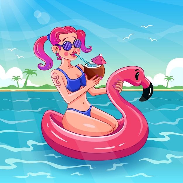 Belle fille sur un anneau de natation flamingo boit un cocktail Illustration vectorielle