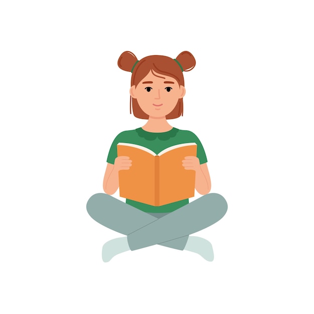 Une belle fille assise et lisant un livre d'illustration vectorielle