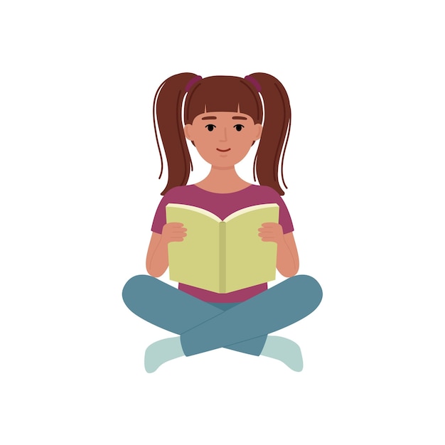 Une belle fille assise et lisant un livre d'illustration vectorielle
