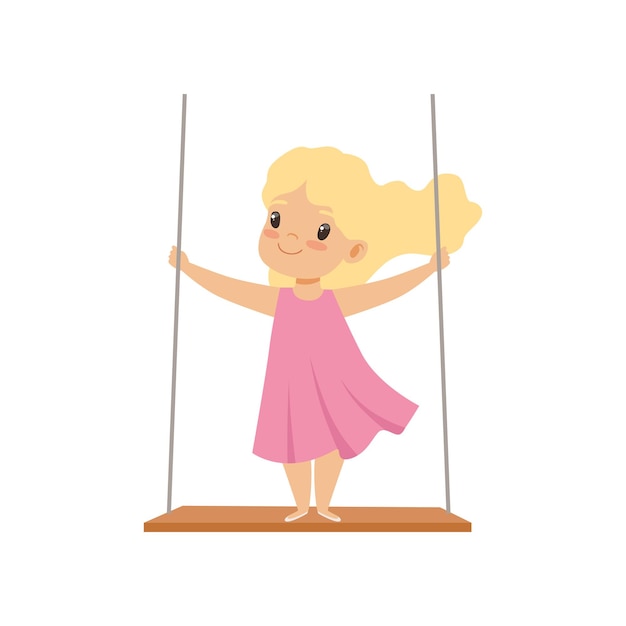 Vecteur belle fille blonde se balançant sur une balançoire de corde petit enfant s’amusant vecteur extérieur illustration isolé sur fond blanc