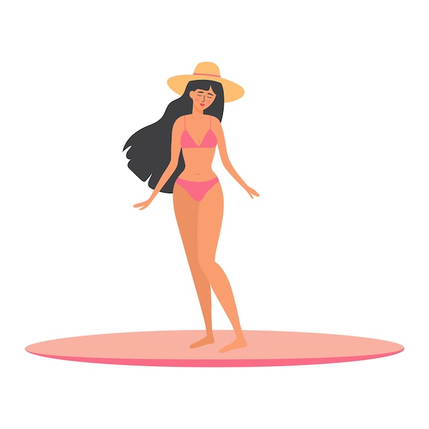Une belle fille bronzée en maillot de bain et chapeau se tient sur une planche de surf une femme se détend et prend le soleil