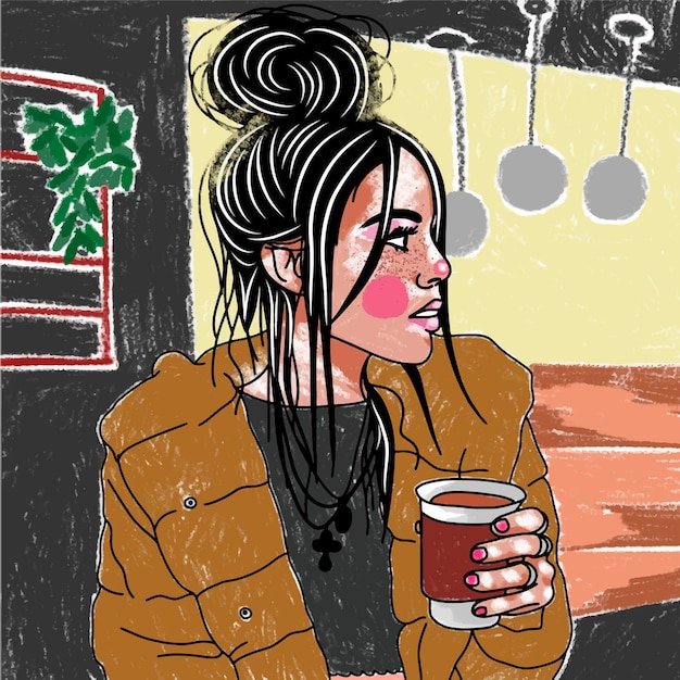 Belle Fille Avec Une Coiffure à La Mode Et Une Tasse De Café