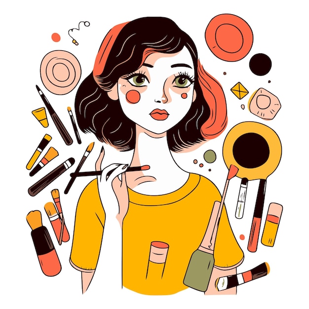 Vecteur une belle fille avec des cosmétiques, un maquilleur.