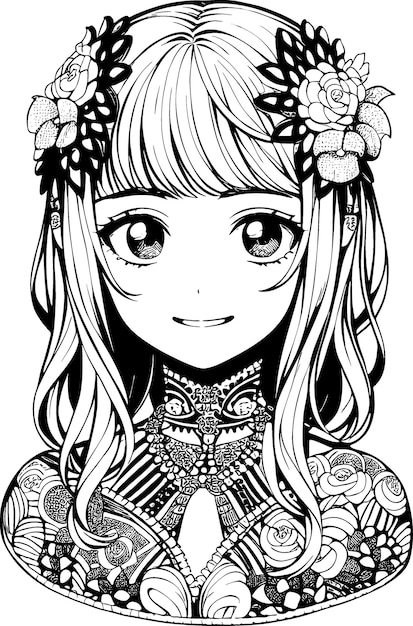 Vecteur une belle fille avec des décorations et des costumes doodle livre de coloriage illustration vectorielle