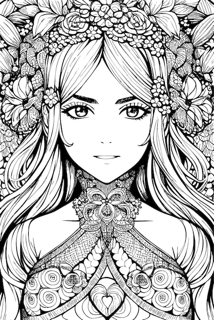 Une Belle Fille Avec Des Décorations Et Des Costumes Doodle Livre De Coloriage Illustration Vectorielle