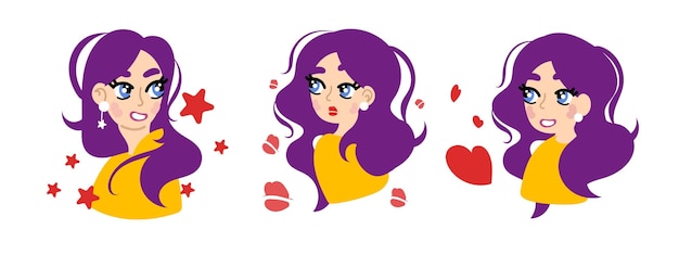 Belle fille Dessin animé violet fille aux cheveux violets Illustration vectorielle