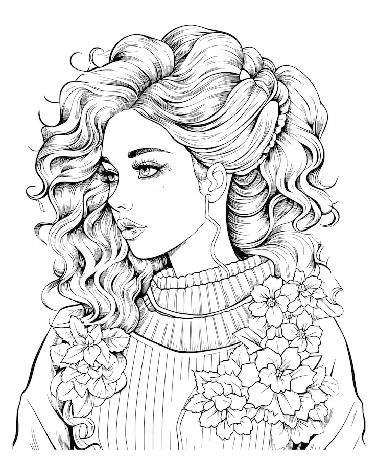 Vecteur belle fille avec une fleur page de coloriage