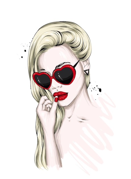 Vecteur belle fille avec des lunettes en forme de coeurs saint valentin et amour illusion vectorielle