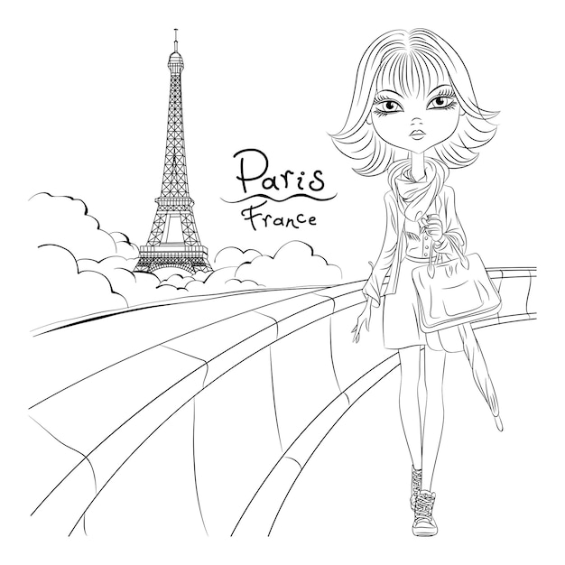 Belle fille marchant avec vue sur la Tour Eiffel à Paris Illustration noir et blanche pour livre de coloriage