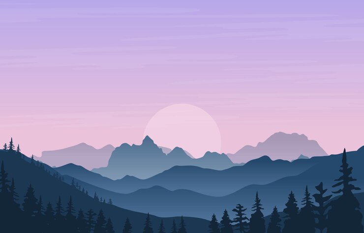 Belle forêt de pins montagne panorama paysage plat illustration