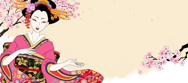 Belle Geisha Portant Un Kimono Rose Sur Fond De Fleur De Cerisier Dans Le Style Ukiyoe