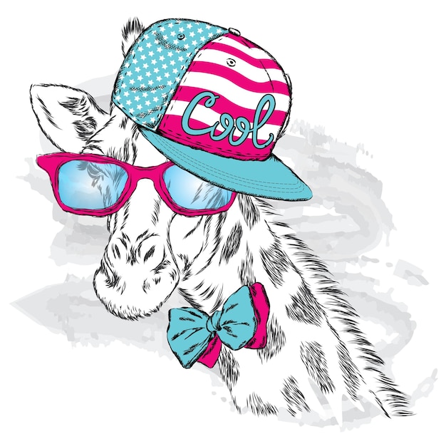 Vecteur belle girafe hipster dans une casquette et des lunettes élégantes