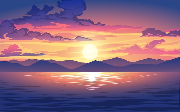 belle illustration de coucher de soleil nuageux avec montagne et eau