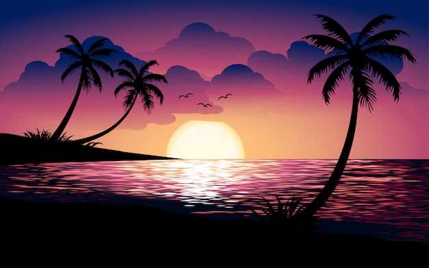 Belle illustration de coucher de soleil tropical