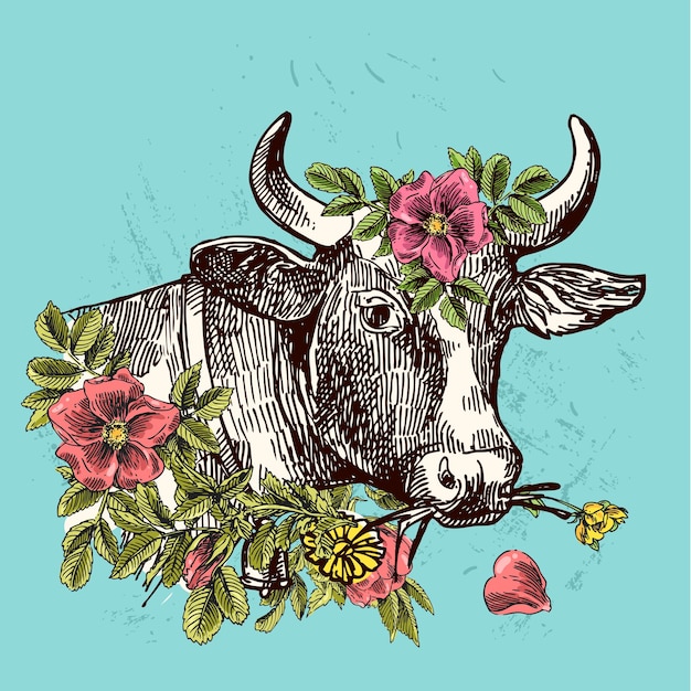 Belle Illustration Dessinée à La Main Tête De Vache Style De Croquis Utiliser Pour Un T-shirt Imprimé De Tatouage D'affiche