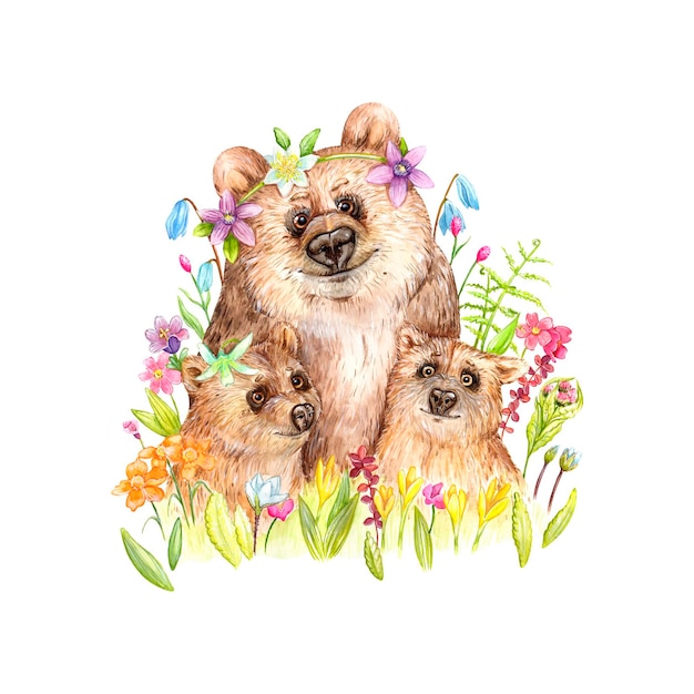 Vecteur belle illustration de la famille des ours avec des fleurs