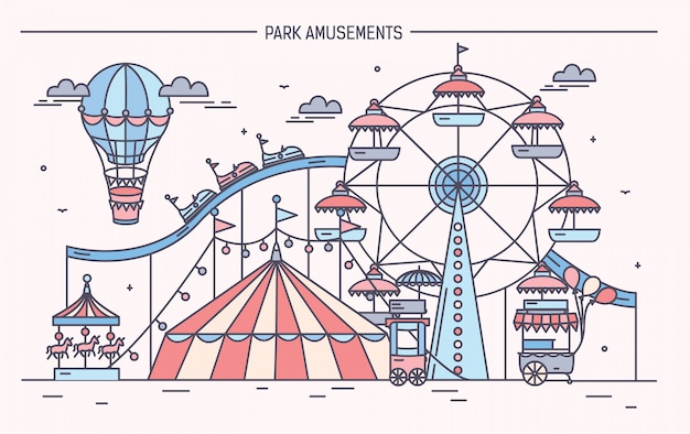 Belle illustration horizontale du parc d'attractions. Cirque, grande roue, attractions, vue latérale avec aérostat dans l'air. Illustration vectorielle de ligne colorée art.