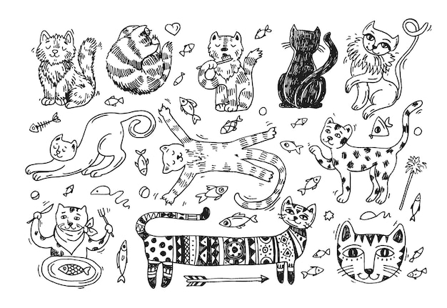 Belle Illustration Vectorielle Dessinés à La Main Chats Mignons Style Doodle