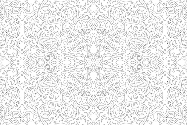 Belle Illustration Vectorielle Linéaire Monochrome Pour Livre De Coloriage Adulte Avec Motif Floral Fleuri Abstrait Sur Fond Blanc