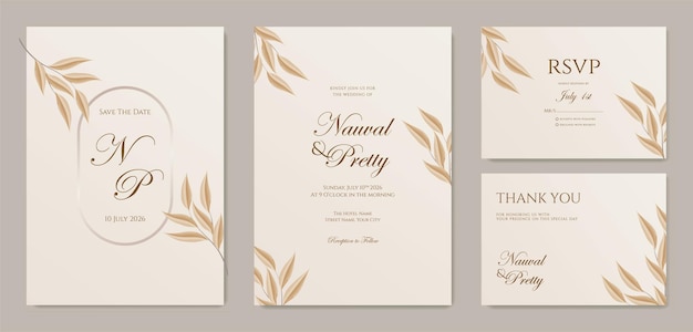 belle invitation de mariage avec des feuilles brunes modèle d'ornement aquarelle vecteur premium