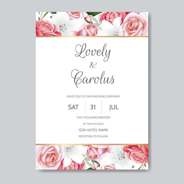 Belle Invitation De Mariage Floral Avec Des Roses En Fleurs Et Des Feuilles Vertes