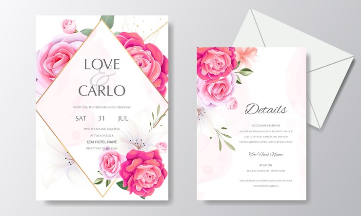 Vecteur belle invitation de mariage floral avec des roses en fleurs et des feuilles vertes