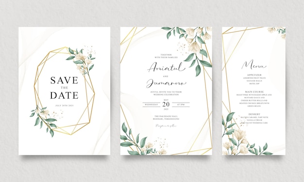 Belle invitation de mariage sertie de fleurs géométriques et aquarelles dorées