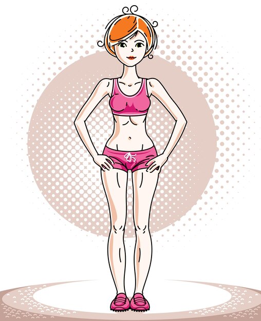 Belle jeune femme athlétique rousse posant. Illustration vectorielle de jolie femme portant un short rose. Caricature sur le thème d'un mode de vie actif et sain.