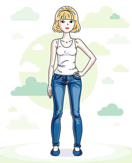 Belle jeune femme blonde debout sur fond bleu ciel nuages et portant des vêtements décontractés à la mode. Illustration humaine de vecteur.