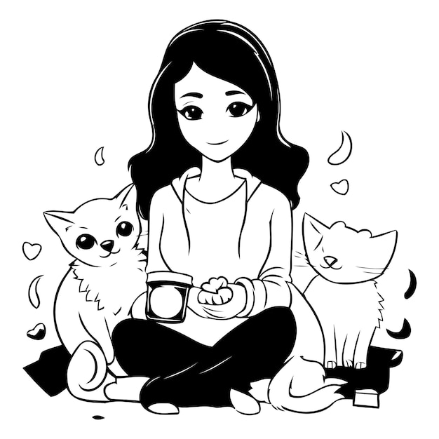 Belle Jeune Femme Avec Des Chats Illustration Vectorielle Dans Le Style Des Dessins Animés